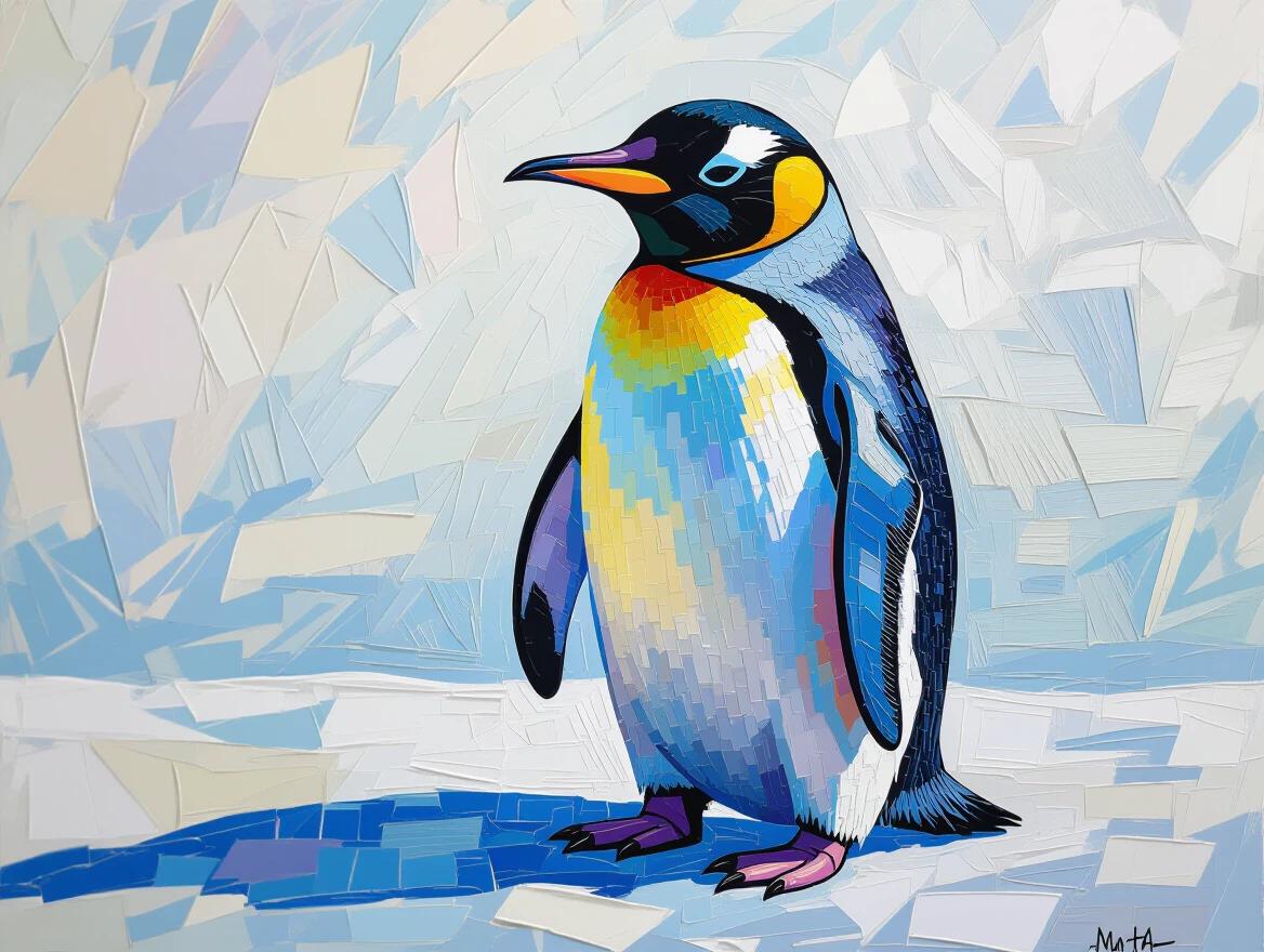 Pointillist artwork of a penguin with vivid colors. Penguin stands against a textured white background. Gentle shadow cast by the bird on the backdrop. Cool morning light enhances the scene. Artistic style blends realism with elegance.