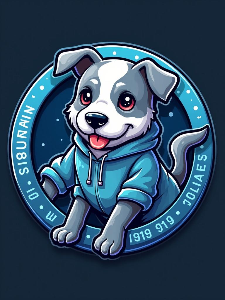 Create a logo for a memecoin featuring a cartoon dog in a hoodie. The design exudes a playful and vibrant vibe, suitable for a cryptocurrency aimed at pet lovers and meme enthusiasts.