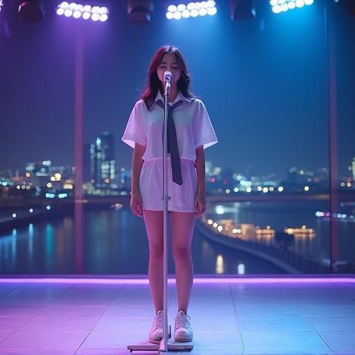 Female vocalist stands at center microphone on stage to sing. Professional white microphone with stand. Modern studio elements are visible. Glass backdrop shows night view. One horizontal ceiling tray with LED lights and cameras. Shiny white tile floor blends with lighting. Small white speakers hang on sides. Colorful lighting creates an energetic scene. Outfit includes cropped silk shirt, loose tie, low-waisted miniskirt, white Fila sneakers. Night view of Seoul shows dynamic city skyline and Han River. Korean drama aesthetic.