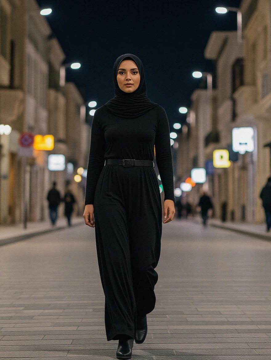 Thick Muslim woman wearing black hijab. Body fully covered walking on an empty street at night. Street is well lit and designed for walking.