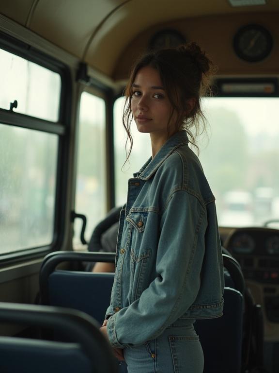Photograph depicts a bus interior. A girl stands by the driver. She has a natural beauty. Her face is partially turned. She wears basic jeans and a cropped jacket. Colors appear slightly washed out.
