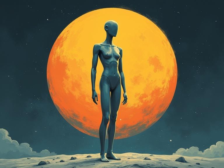 Minimalist illustration featuring a mannequin-like figure standing on a lunar surface with a large yellow moon in the background. The composition emphasizes clean lines, bold contrasts, and a sense of surrealism.