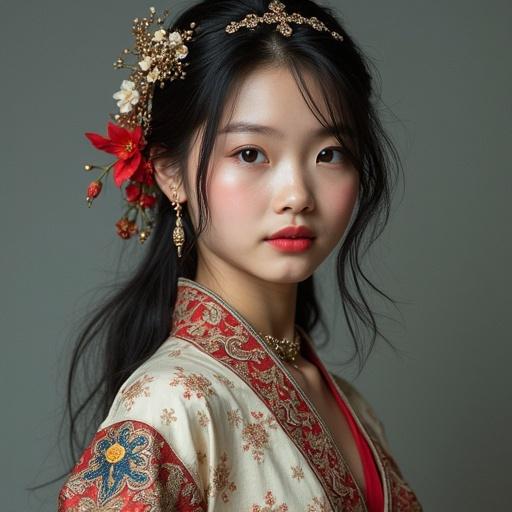 Young woman wears traditional attire with floral accessories
