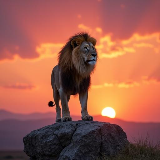 A lion with a white mane stands on a rocky outcrop. It is sunrise in the African savanna. The sky shows orange, pink, and purple hues.
