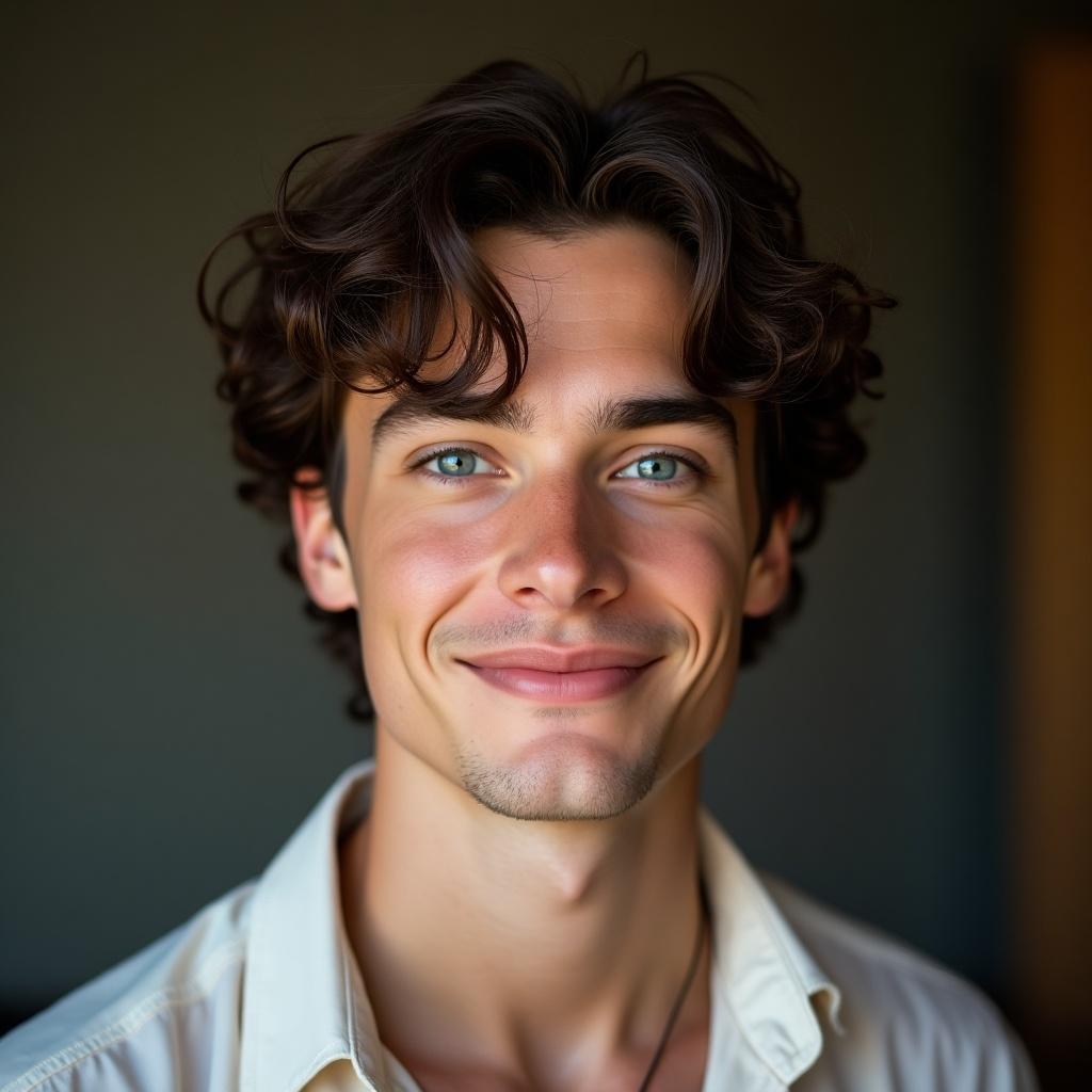 A young man with a heart-shaped face. He has a square jaw and full, pink-tinged cheeks. His forehead is rounded, and he has a straight, delicate nose. His lips curve into a warm smile. The skin is slightly freckled, clear, and translucent. He is tall, at five foot ten. He has almond-shaped blue eyes that are expressive with arched eyebrows. His long neck is delicate. His hair is dark brown, thick, and wavy. He wears jeans and a bohemian shirt.