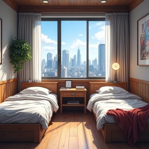 Bedroom featuring two twin beds and a study desk, large window showing a city skyline, designed in an anime style with bright colors and a cozy ambiance.