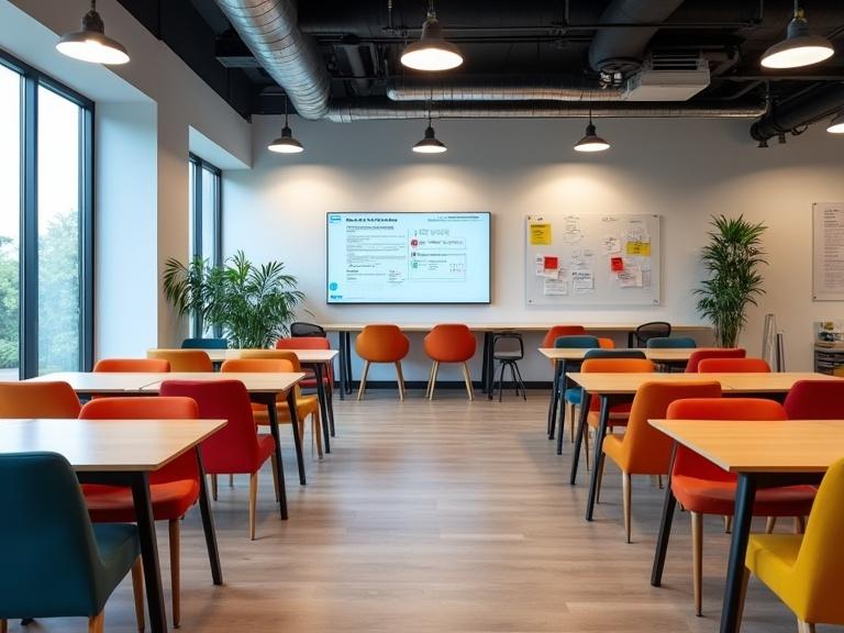 A modern co-working space features vibrant furniture with digital whiteboards. The room is designed for collaboration. Colorful chairs are arranged around wooden tables. Bright lighting enhances the atmosphere. The layout promotes creativity and productivity.