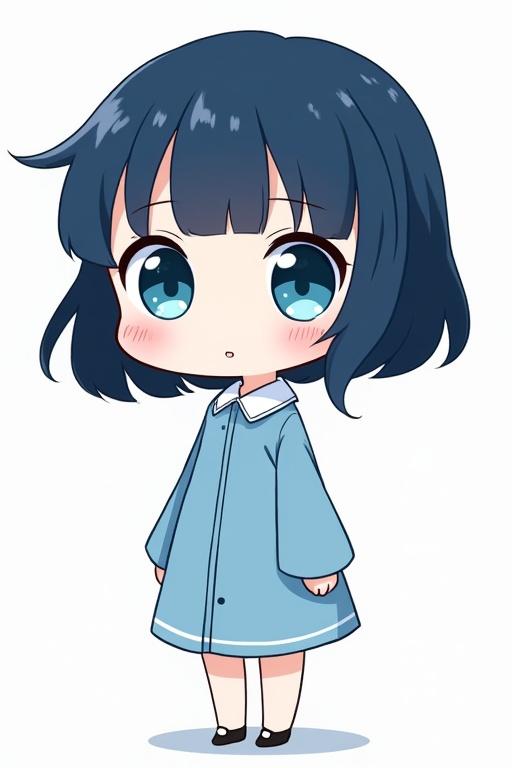 Chibi anime girl design with oversized eyes. Simple clean lines in blue outfit. Deep indigo hair styled in bob. Minimal shading and charming expression.