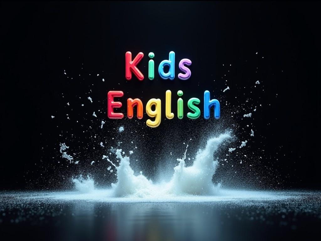 A dynamic visual scene starts with a black screen. A bright spot suddenly appears in the center, followed by multiple lights shooting outward, creating an effect as if the screen is shattering. As this illusion occurs, the glass-like pieces turn into a powder and cascade downward. Behind this falling glass effect, the text 'Kids English' emerges, each letter displayed in a different vibrant color. Once all the glass has fallen, the text smoothly rises to the top of the screen, while the background color gradually transitions from black to blue, culminating in an engaging visual effect.