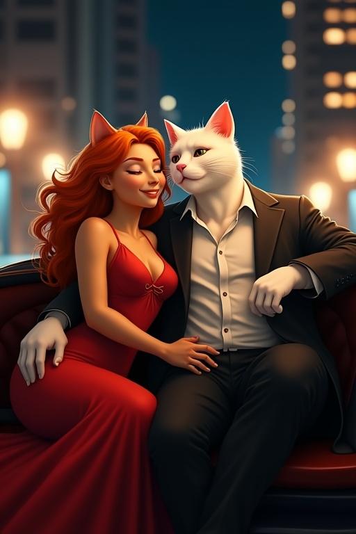 A beautiful anthropomorphic orange female cat in red nightgown sits closely with a white male anthropomorphic cat in black blazer and white shirt. They are inside a luxurious car, embracing lovingly as they enjoy a night drive through a brightly lit city.