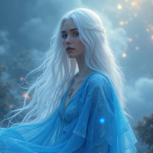 Portrait of a woman with white hair in a flowing blue gown. Fantasy landscape with floating islands and soft clouds in background. Glowing elements and mystical lighting create an ethereal atmosphere.