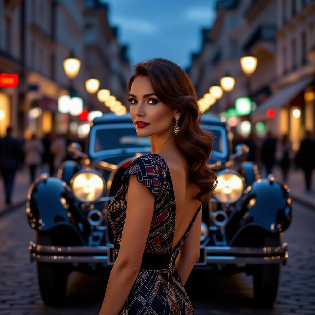 Street scene with a beautiful mature woman wearing a retro Art Deco dress. The woman appears slightly from behind and turns her head to the left. Dark auburn hair is naturally styled. This image captures the evening atmosphere of a bustling urban street in a European city. A vintage 1925 Bugatti Type 35 car is prominently featured in the background complemented by a vibrant crowd blurred in motion. The scene is illuminated by warm golden light and deep blue twilight tones with a cinematic and dynamic feel.
