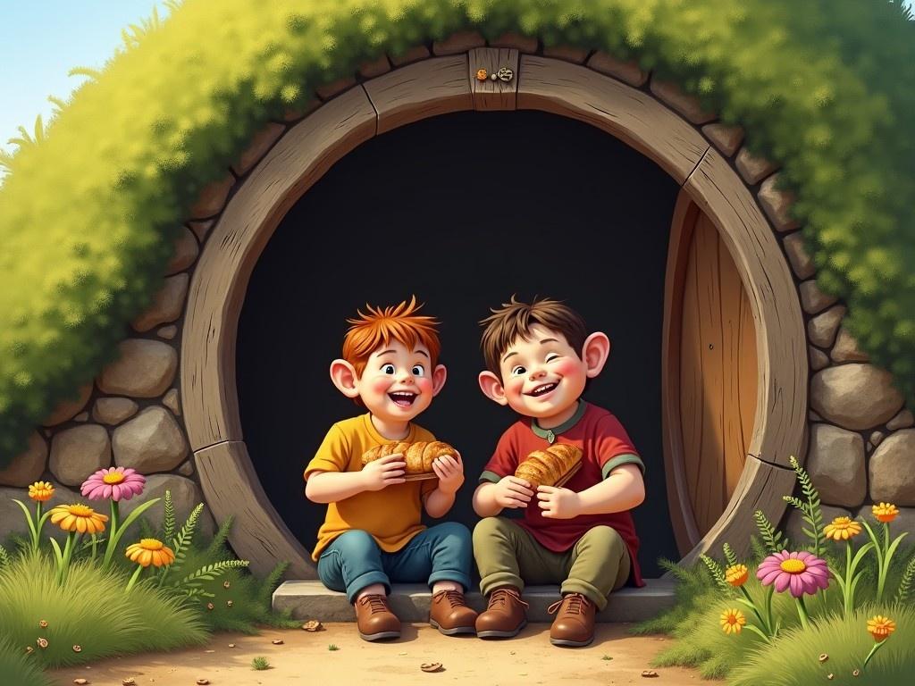 This illustration depicts a charming hobbit hole set in a lush landscape. Two young adult hobbits sit happily on the steps, smiling as they enjoy delicious pastries. The scene is bathed in bright sunlight, creating a warm and inviting atmosphere. Colorful flowers surround the entrance, enhancing the whimsical feel. The playful expressions on the hobbits' faces convey joy and contentment in their idyllic setting.