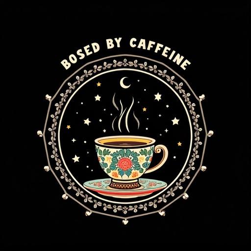 Black background. White circular design. Center displays cup of hot coffee or tea. Cup features Chinese decoration. Surrounded by stars and a moon. Phrase 'BOSSED BY CAFFEINE' above in bold letters.