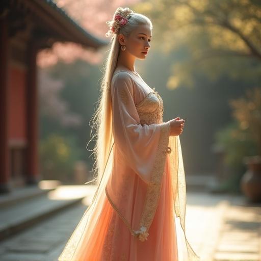 Full-body portrait of a young woman in a sun-dappled courtyard. She wears an exquisitely detailed ceremonial gown with layers of silk and translucent fabric. Dress in shades of pale gold, soft ivory, and blush crimson. Bodice structured gracefully and embroidered with sakura petals. Waist tied with obi-like sash. Long pale golden hair in soft waves, adorned with jeweled ornaments. One hand resting at her side, the other touching her chest or chin, portraying introspection. Calm, wise expression with serene eyes. Soft natural light enhances fabric realism and the atmosphere feels timeless.