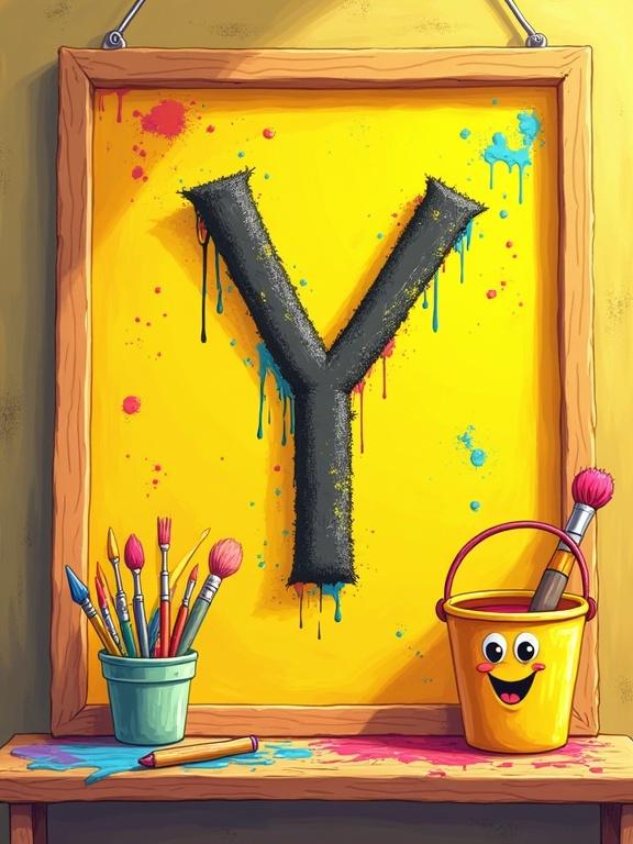 Playful cartoon illustration of a bright yellow chalkboard with a bold black letter 'Y'. Letter has paint-splatter eyes and drippy arms holding a tiny paintbrush. Next to it, a jolly yellow paint bucket with a smiling face. Include colorful paint splatters and chalk-drawn brushes. Frame is wooden with doodled handprints. Style vibrantly colorful with glossy textures and a messy art class vibe.