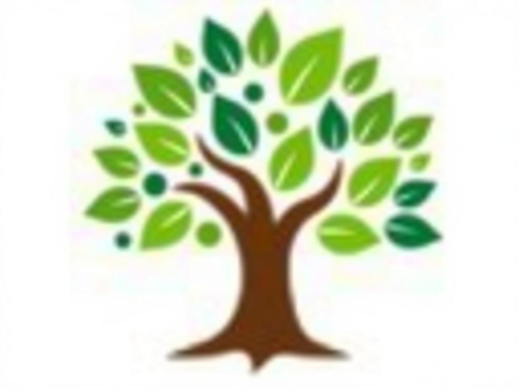 Design a logo featuring a stylized tree with a thick, brown trunk and numerous green leaves. The branches should be spread wide, indicating a healthy, flourishing tree. Small green circles, representing fruit, should be scattered throughout the leaves. The overall shape of the tree should be round and harmonious. The background should remain white to emphasize the vibrant colors of the tree.