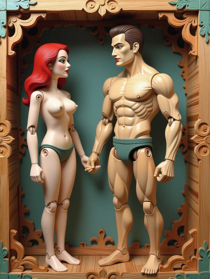 A wooden marionette female puppet stands elegantly beside a muscular male puppet. They are depicted in a whimsical style. The puppets are intricately designed, showcasing vibrant colors. The background features ornate details resembling a vintage storybook illustration. The setting is artistic and playful, emphasizing the uniqueness of the characters.