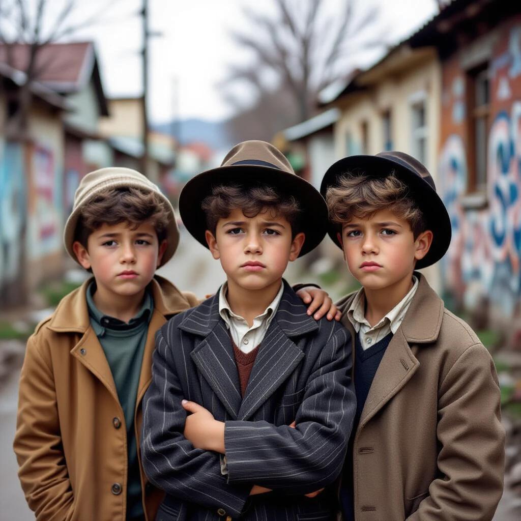 Group of three boys posing together in vintage clothing. They wear different hats and display a variety of expressions. Streets with old buildings and graffiti visible in the background. Captures a moment of childhood camaraderie.