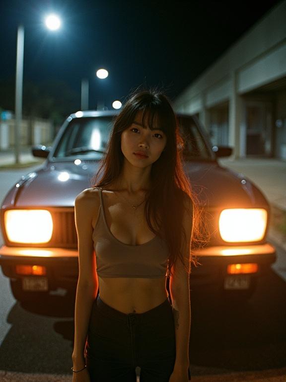 Night scene. Girl poses in front of a Japanese car. Hard direct flash used. Captured with a Fujifilm camera. Fisheye lens effect creates distortion. Cinematic style.