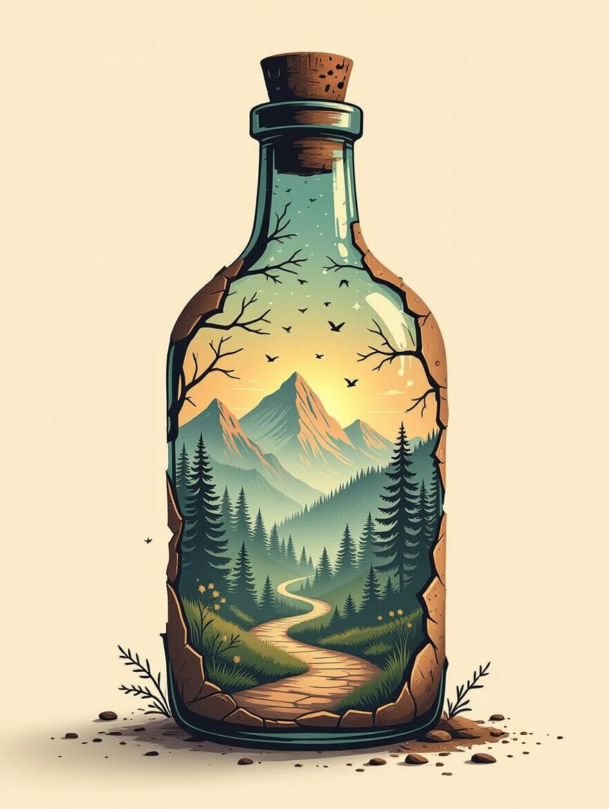 Vintage broken glass bottle covered in dust contains a tiny enchanted forest. Mystical hiking path winds through miniature wilderness landscape inside the bottle. Silhouette trees and mountains depicted within. Warm earth tones with worn textures illustrate a fantasy adventure theme. Poster-style composition on a neutral background.