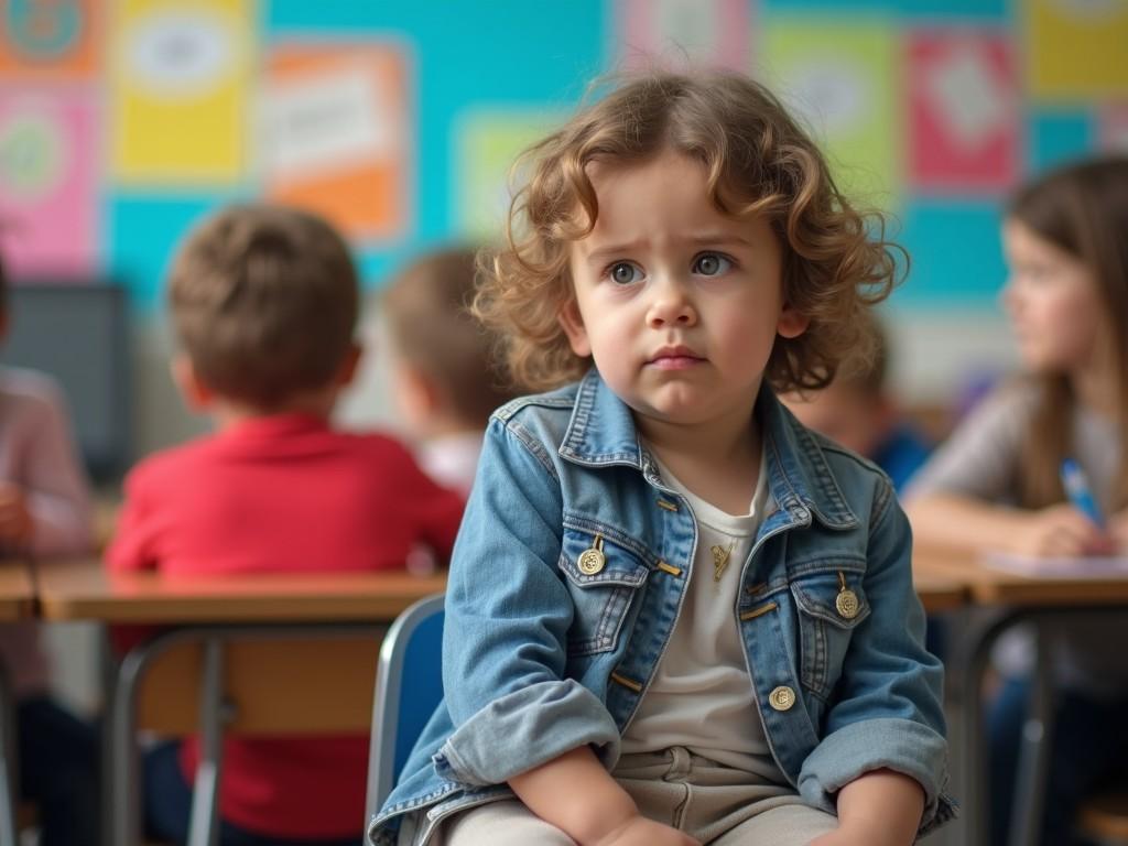 The image depicts a child sitting in a classroom, looking worried and lacking confidence. The child has curly hair and is dressed in a denim jacket. They seem to be isolated from peers who are visible in the background, facing away. The background is busy with colorful posters, creating a contrast to the child's serious expression. The overall atmosphere conveys a sense of concern, possibly evoking empathy in viewers about the child's feelings. The lighting is soft, enhancing the mood of the scene. This image captures a moment of vulnerability in a school setting.