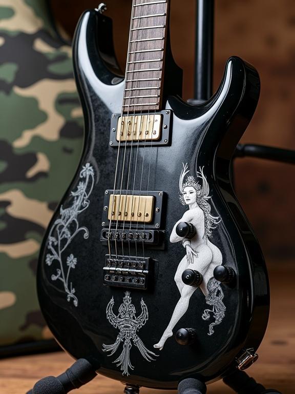 A B.C. Rich Warlock guitar on a stand. The guitar is black with white engravings. The design features a medieval nude goddess in an erotic style. A camo carrying case is in the background.