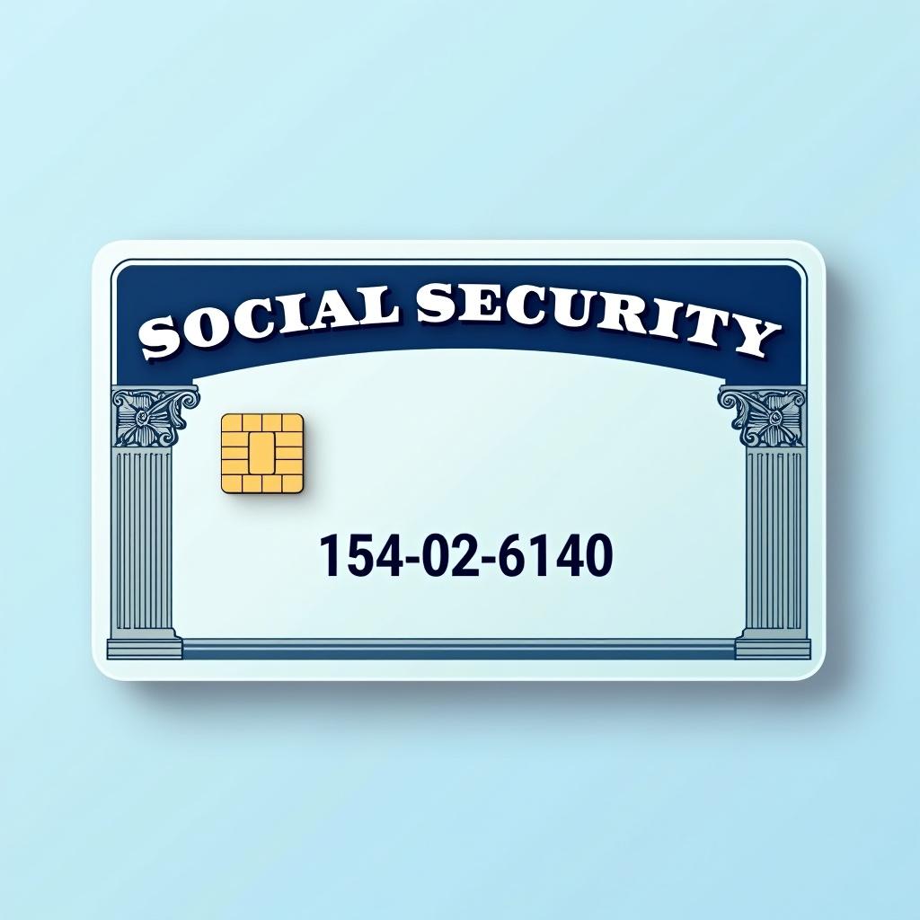 This image depicts a generic social security card. The prominent title 'SOCIAL SECURITY' is displayed across the top. The key identification number shown is '154-02-6140'. A graphic chip symbolizes modern identification methods. The card's design features decorative elements that underscore its official nature. The soft blue background enhances the overall visual appeal, creating a clean and professional representation of the card.