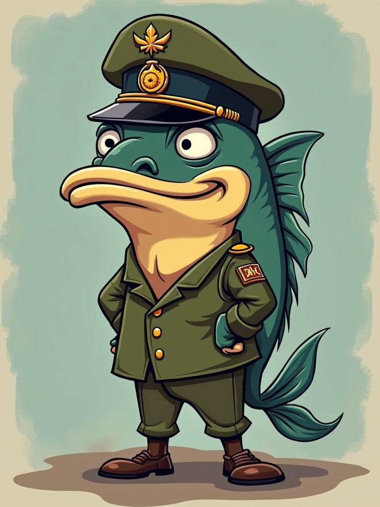 Cartoon character depicted as a fish in a military uniform wearing a hat. The character has a serious expression with grumpy facial features. The image features a whimsical and fun art style.