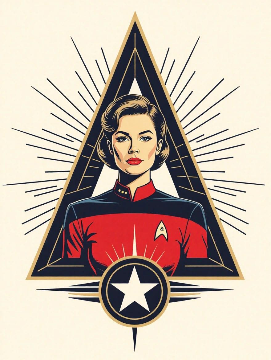 Illustration of a female character in a Star Trek-inspired uniform. The character has long white hair and a pale complexion. The design features the classic Star Trek emblem, with a large black delta shape on a neutral background. Emphasis on clean lines and balanced proportions with a metallic finish.
