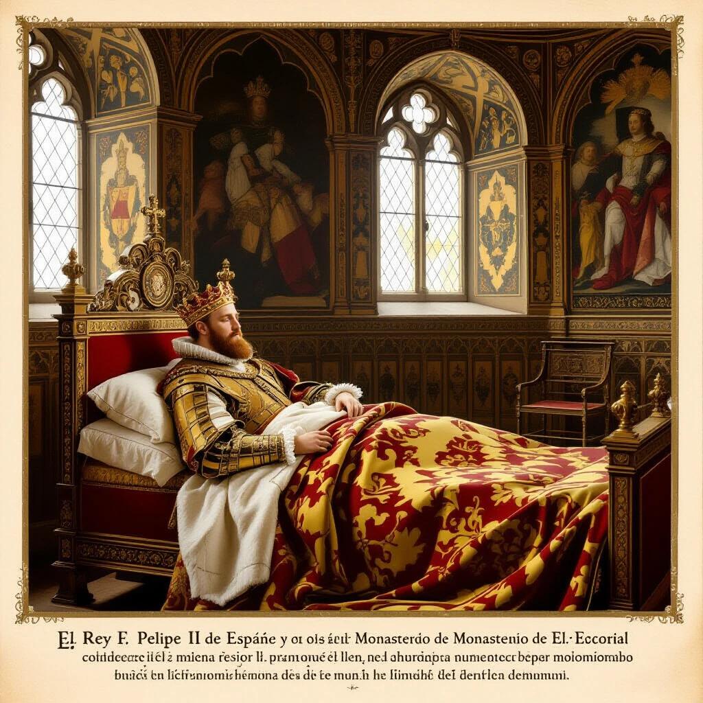 A royal figure lies in bed at Monastery of El Escorial. The setting reflects the 16th century Spanish monarchy. The king appears dressed in rich garments. The room features ornate walls and elegant furnishings. A depiction of royal life during illness.
