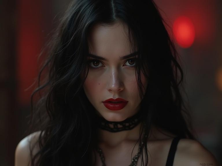 Asian female vampire character with long black hair in a gothic setting. Dark mysterious atmosphere with warm lighting. Emphasizes fantasy and horror themes. Tight framing on the character's upper body.