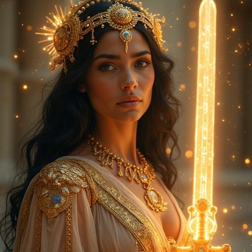 Ishtar stands as a beauty embodying love and war. She wears a divine robe with golden lions and runic symbols. Her skin glows softly like porcelain. Her long black hair flows adorned with golden jewelry. Eyes express wisdom and power with a sacred emblem on her forehead. Lion-shaped pauldrons signify strength. A magical sword appears in her hand surrounded by glowing light and ancient circles.