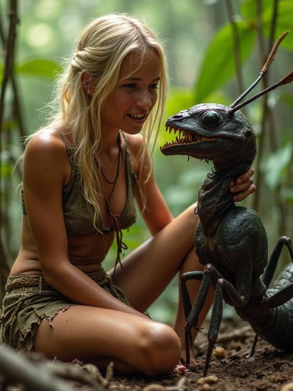 A tanned blonde warrior girl covered in sweat and dirt petting a big ant monster in a rainforest. Joyful expression on her face. She wears a tattered loincloth and is sitting beside the creature, which has a slimy skin and an open, toothy mouth.