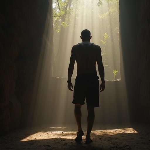A silhouette of a man walks towards a bright light in a cave. The scene is lit with soft, natural rays. The setting features a relaxed and contemplative atmosphere, suggesting exploration and discovery. Natural elements surround the scene, emphasizing tranquility.