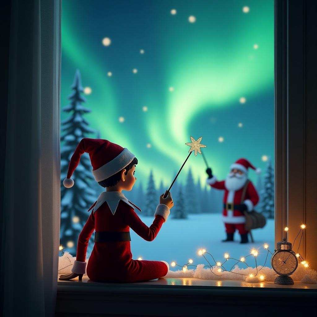 The scene depicts an elf on the shelf with his back turned, enchanting the night sky. He is using a wand to write the word 'Lacey' into the air. The background features a stunning display of northern lights dancing across the sky. In the distance, Santa is visible carrying his sack of gifts. The setting is enhanced by a cozy window ledge adorned with fairy lights and a vintage clock. This scene captures the magic of Christmas and evokes feelings of wonder and joy.