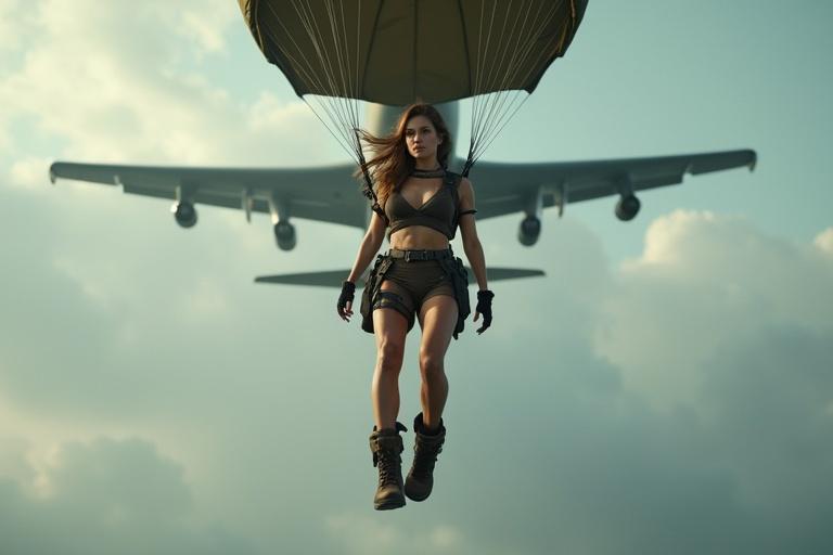Dramatic low-angle shot mid-air of a woman parachuting with a cargo plane overhead. Parachute dark olive and wide fills the sky. She wears a dark brown crop top with a V-neck, tight shorts, and rugged boots. Hair flows with the wind amidst swirling clouds. Cargo plane’s underside looms above, engines glowing in mist creating powerful cinematic escape scene.