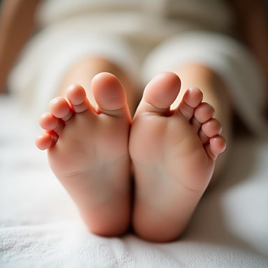 Close-up of a young girl's feet. Soles are soft and flawless. Light and feminine aesthetic. Gentle lighting creates a serene atmosphere. Focus on natural beauty and contours of the feet. Evokes tranquility and beauty.