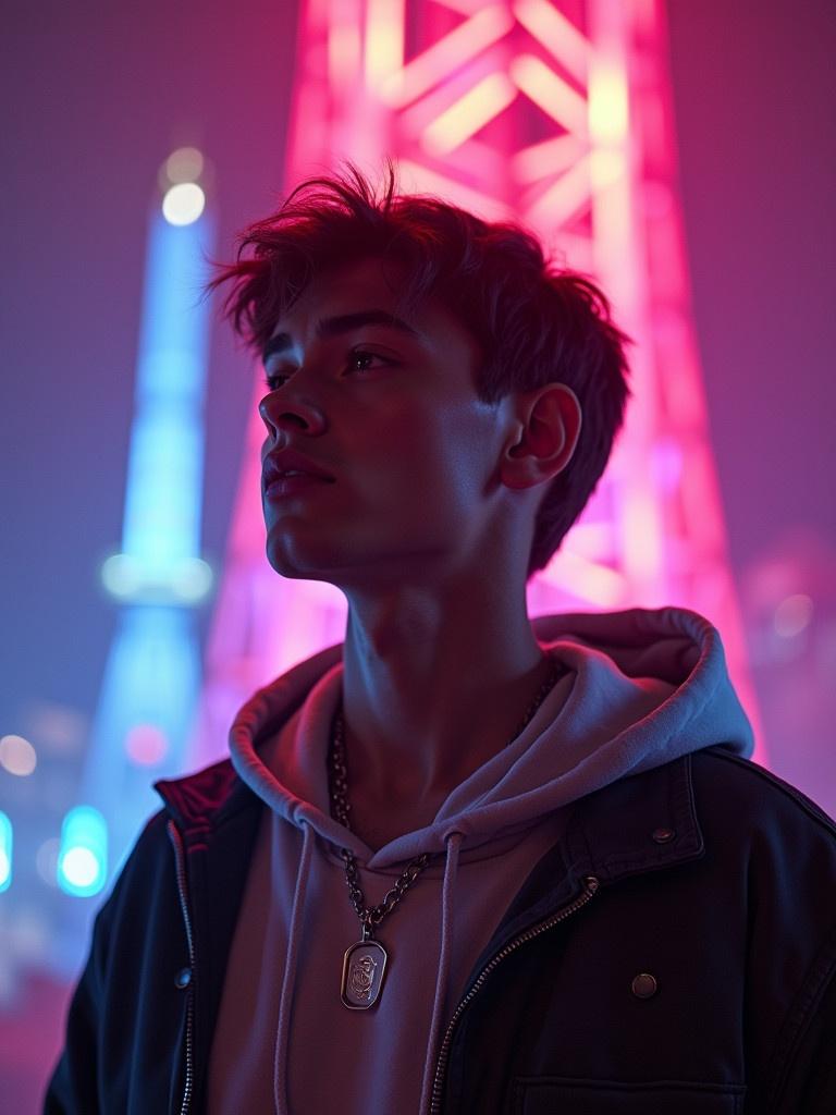 A boy stands in a city scene illuminated by neon lights. A tower glows in the background. The boy wears a hoodie and a jacket. A necklace hangs from his neck.