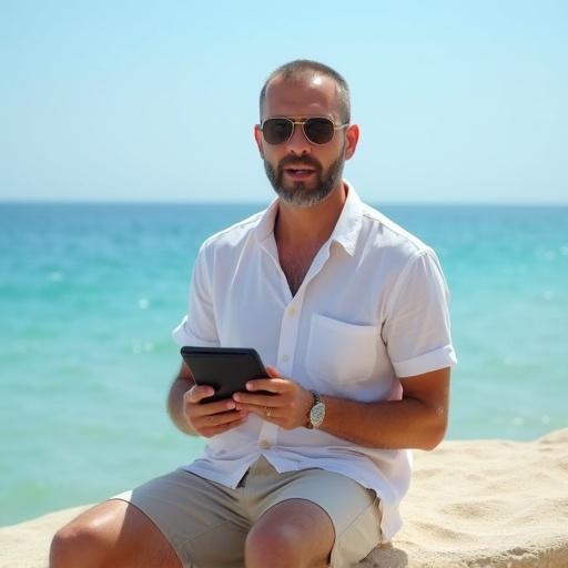 Highly realistic photo of a real estate consultant sitting by the beach in North Coast Egypt. He wears a stylish summer outfit with a shirt and shorts. He holds a tablet and talks confidently as if filming a video about real estate. The scene shows a bright sunny day with a clear blue sea and a clean beach in the background. The image has cinematic lighting and natural colors with a professional expression.