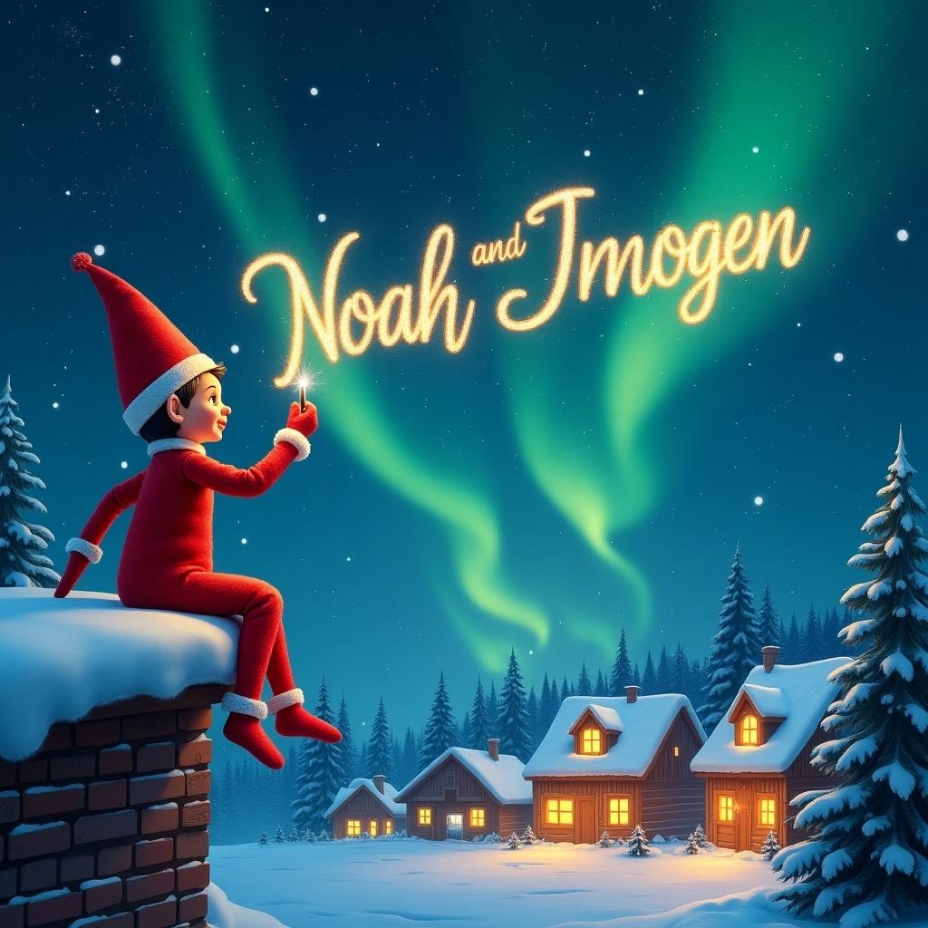 An elf in red attire with a pointed hat writes names in a night sky. Elf sits on a ledge with a wand creating shimmering letters. Below is a snowy landscape with illuminated houses and trees. Northern Lights create a magical atmosphere.