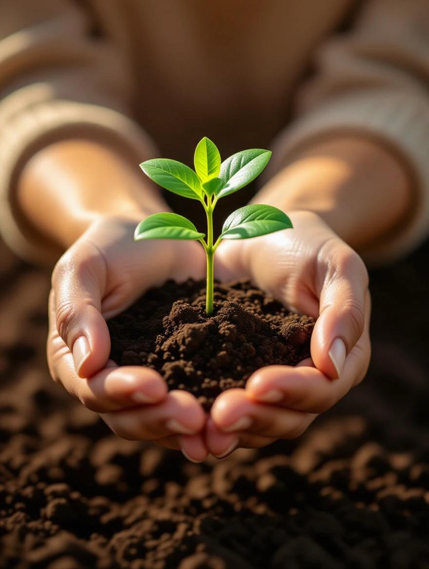 Hands holding a small plant representing growth and purpose with soft natural lighting in a shallow depth of field. Photorealistic macro photography with warm earth tones.