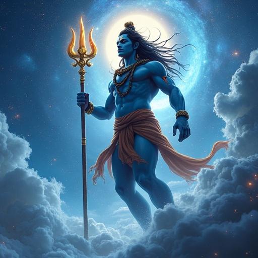 Depiction of Lord Shiva in a cosmic setting. Radiating deep blue glow. Serpent Vasuki around neck. Crescent moon on head. Enormous golden Trishul held high. Background features swirling nebula clouds and star trails. Calm expression exuding serenity. Cosmic energy ripples around him.