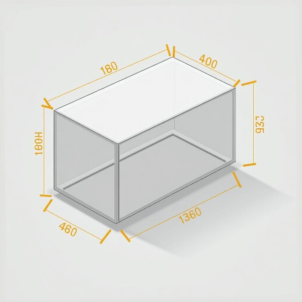 The image features a clear outline of a rectangular box with detailed dimensions. It includes critical measurements highlighted in yellow, providing information on length, width, and height in inches. The isometric perspective effectively displays the 3D nature of the box. The design is presented against a soft gray background, enhancing the visibility of the measurements. This illustration serves as a valuable reference for engineering and architectural purposes, showcasing precision and clarity.