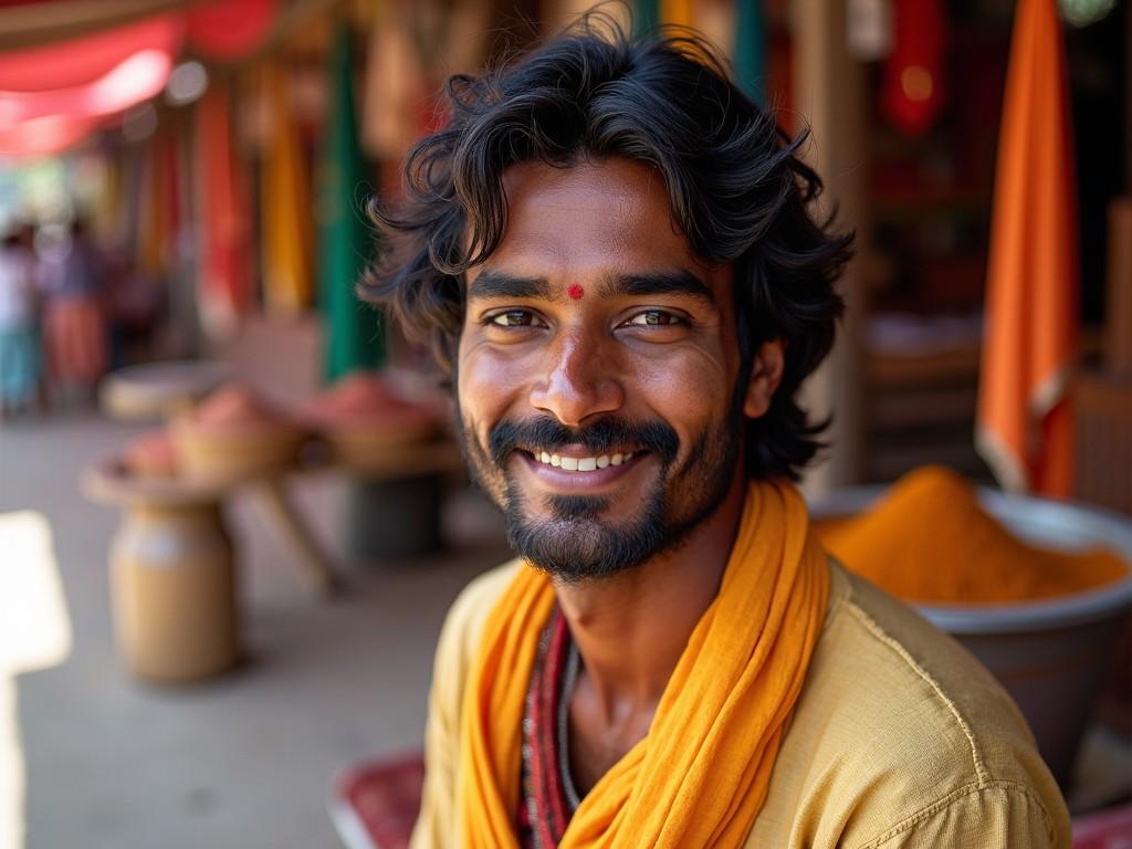 The image captures a smiling Indian man sitting in a vibrant marketplace. He wears traditional clothing, highlighted by a bright yellow scarf. The setting is colorful, with spices and textiles around him. His cheerful demeanor invites viewers to appreciate the culture and warmth of India. The background hints at a busy market scene, filled with various colors and textures. This portrait emphasizes pride and community spirit.