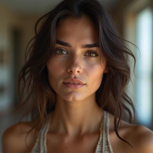 Photo features a woman captured in a soft and inviting atmosphere. She has a relaxed pose. The background is slightly out of focus, creating a harmonious balance for the subject.