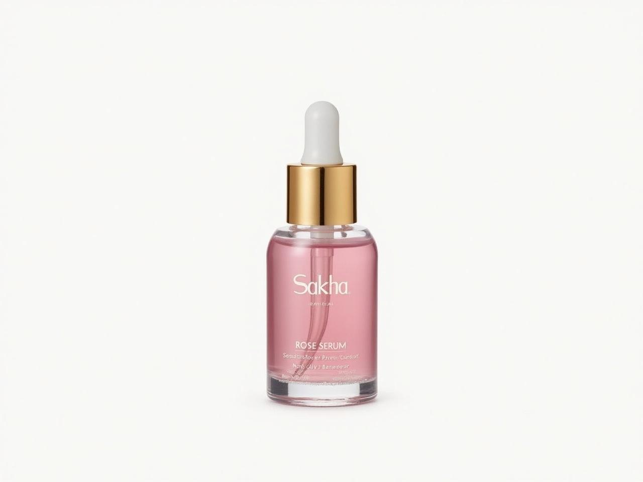 The image shows a clear glass dropper bottle with a rounded body and a tapered neck. The bottle is filled with a pink serum, and it features a gold cap with a dropper top. The label on the bottle reads 'Sakha' and 'Rose Serum' in white text. Below the main title, there is additional text in a smaller font, likely detailing its usage or benefits. The background is plain, allowing the product to stand out.