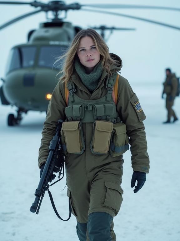 Female soldier dressed in camouflage gear walks away from military helicopter in Antarctic setting. Dark blonde hair. Serious demeanor. Snow covering ground.