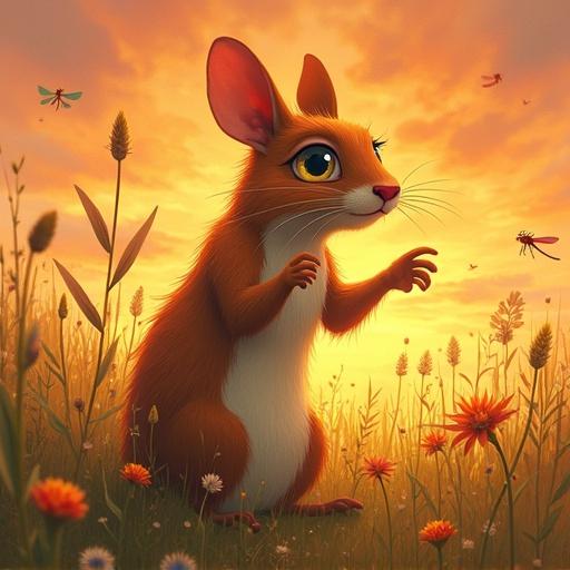 Delightful scene with a Zokor. Zokor has large expressive eyes. Joyfully making the sky a sunset. Subdued meadow setting. Bright dragonflies buzzing nearby. Lighthearted and unique.