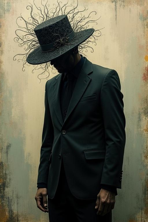 Figure in a dark suit with a disintegrating hat. Hat merges with swirling patterns. Background features muted colors and abstract shapes. Face is obscured for an enigmatic effect.